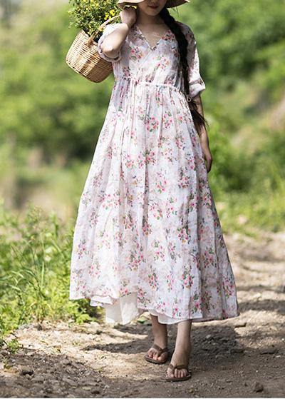 Modern V Neck Drawstring Summer Beige Print Kaftan Dress - SooLinen