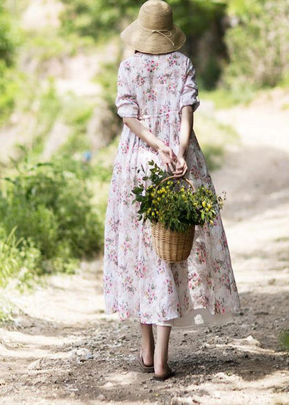 Modern V Neck Drawstring Summer Beige Print Kaftan Dress - SooLinen