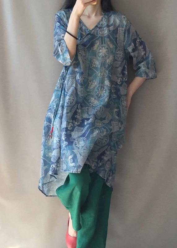 Modern V Neck Half Sleeve Quilting Dresses Pattern Blue Print Robes Dress - SooLinen