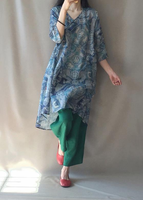 Modern V Neck Half Sleeve Quilting Dresses Pattern Blue Print Robes Dress - SooLinen