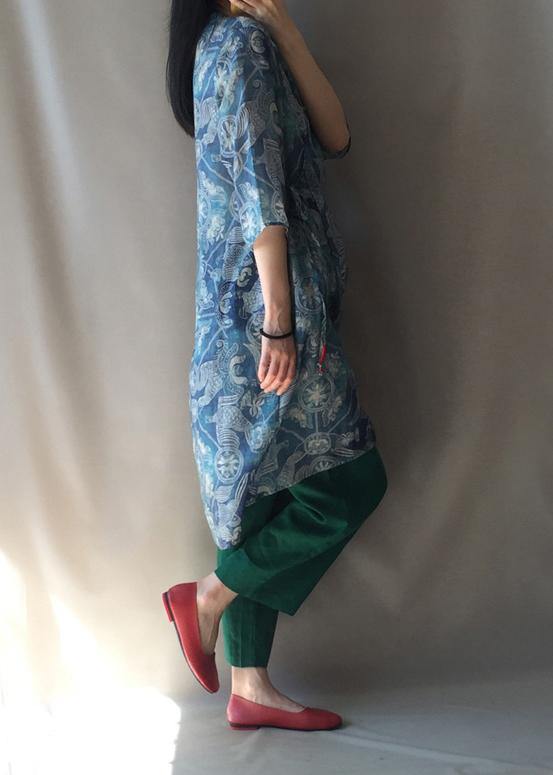 Modern V Neck Half Sleeve Quilting Dresses Pattern Blue Print Robes Dress - SooLinen