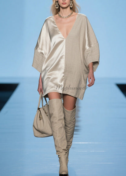 Modern V Neck Patchwork Linen Silk Mid Dress Spring