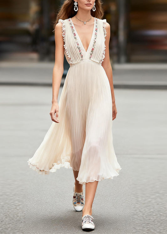 Modern V Neck Ruffled Floral Chiffon Long Dresses Sleeveless