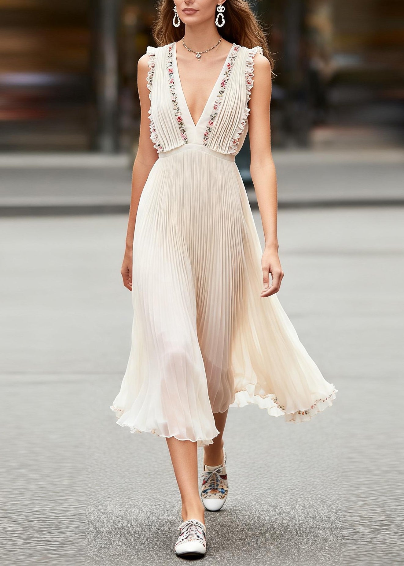 Modern V Neck Ruffled Floral Chiffon Long Dresses Sleeveless