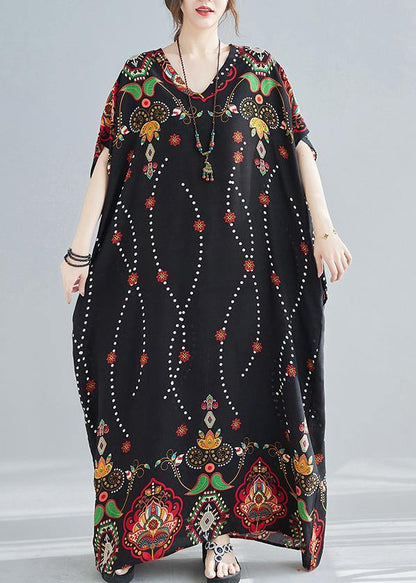 Modern V Neck Spring Clothes Women Wardrobes Black Print Maxi Dress - SooLinen