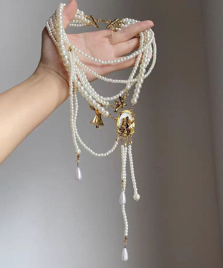 Modern White Alloy Layered Pearl Water Droplet Tassel Gratuated Bead Necklace