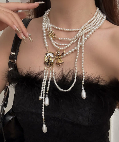 Modern White Alloy Layered Pearl Water Droplet Tassel Gratuated Bead Necklace