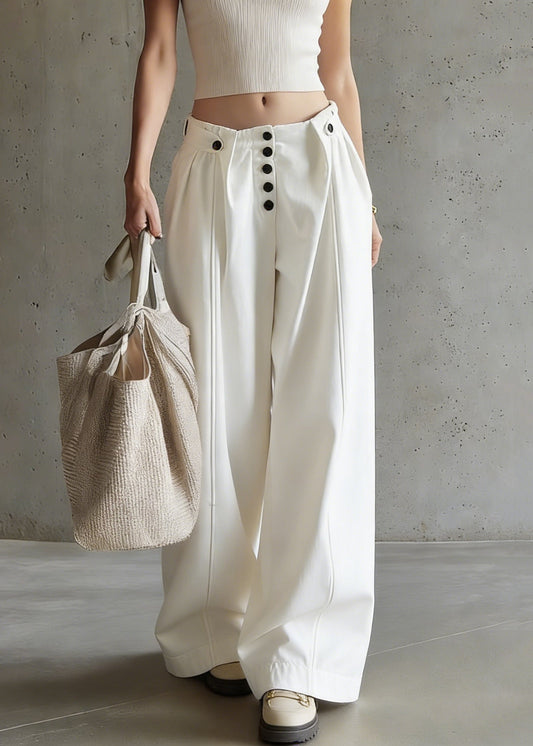 Modern White Button High Waist Cotton Wide Leg Pants Spring