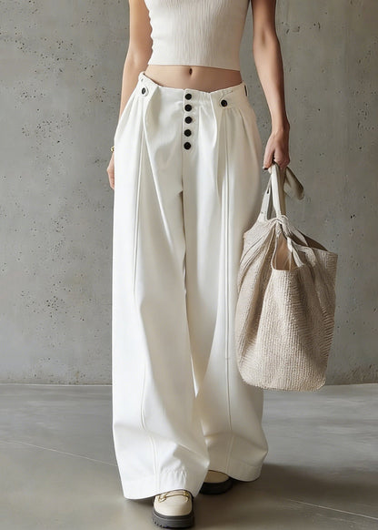 Modern White Button High Waist Cotton Wide Leg Pants Spring