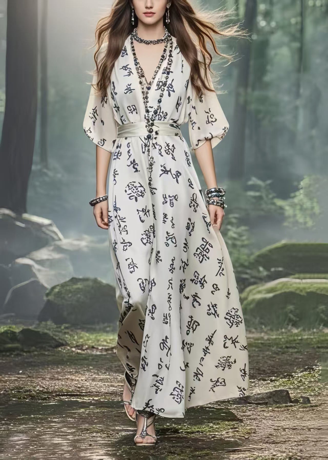 Modern White Cinched Print Chiffon Long Dress Summer