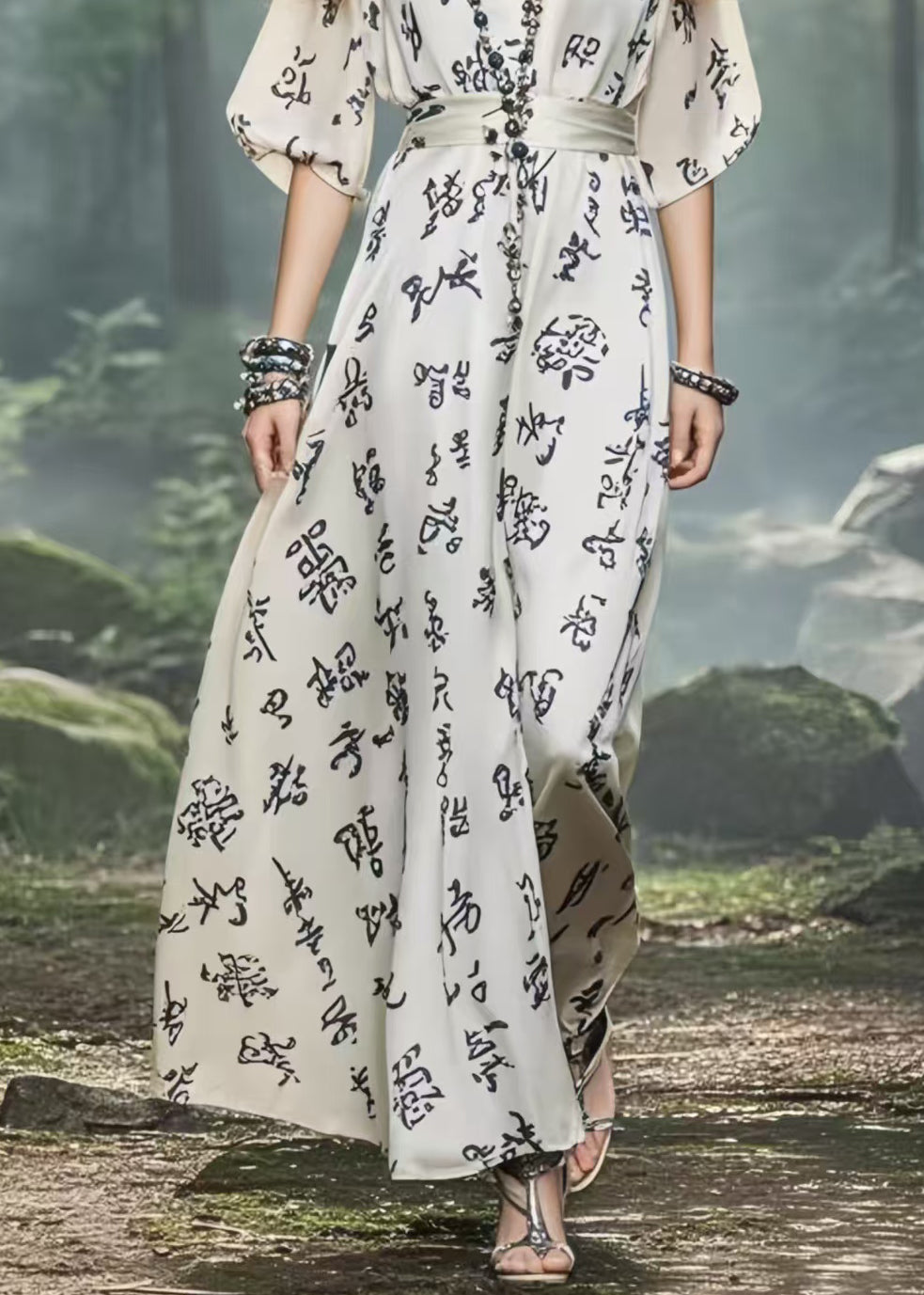 Modern White Cinched Print Chiffon Long Dress Summer