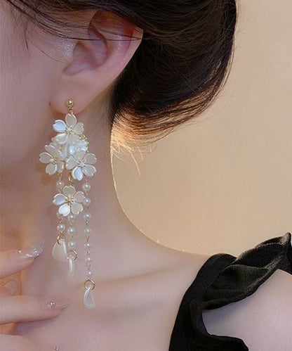 Modern White Copper Alloy Floral Tassel Drop Earrings