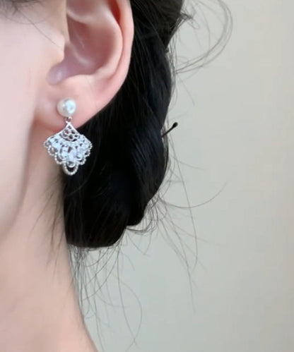 Modern White Copper Overgild Pearl Zircon Sector Drop Earrings