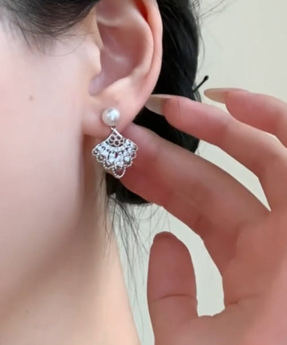 Modern White Copper Overgild Pearl Zircon Sector Drop Earrings