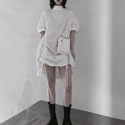 Modern White Dresses O Neck Drawstring loose Dress - SooLinen