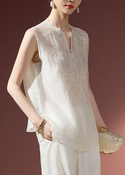 Modern White Embroidered Layered Chiffon Tops Sleeveless