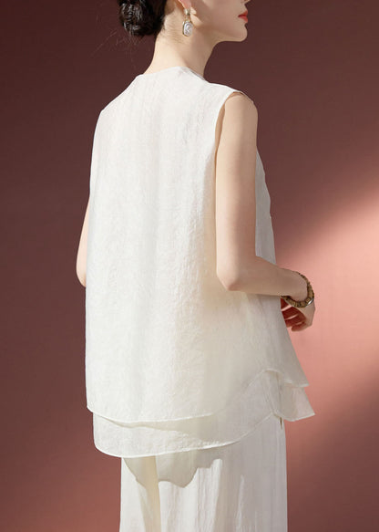 Modern White Embroidered Layered Chiffon Tops Sleeveless