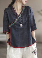 Modern White Embroidered Patchwork Linen Blouse Top Summer