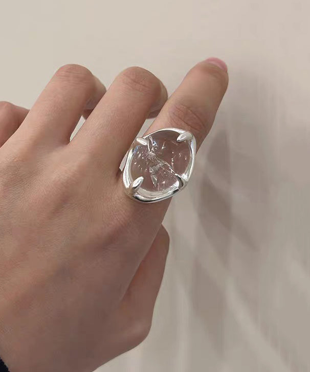 Modern White Geometric Crystal Alloy Rings