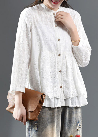 Modern White Hollow Out Solid Shirts Fall