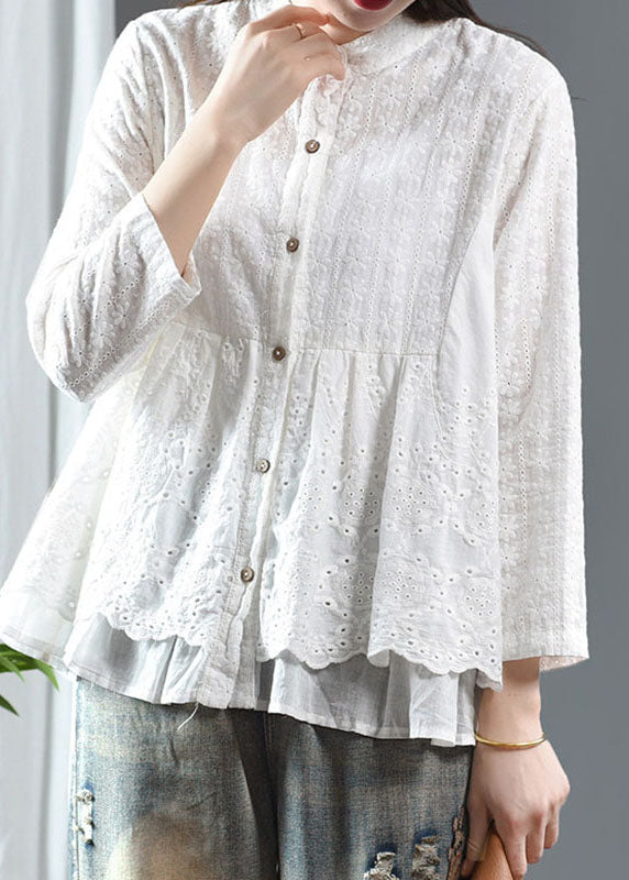 Modern White Hollow Out Solid Shirts Fall