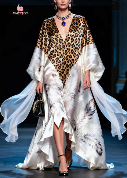 Modern White Leopard Patchwork Exra Large Hem Silk Vacation Dresses Summer