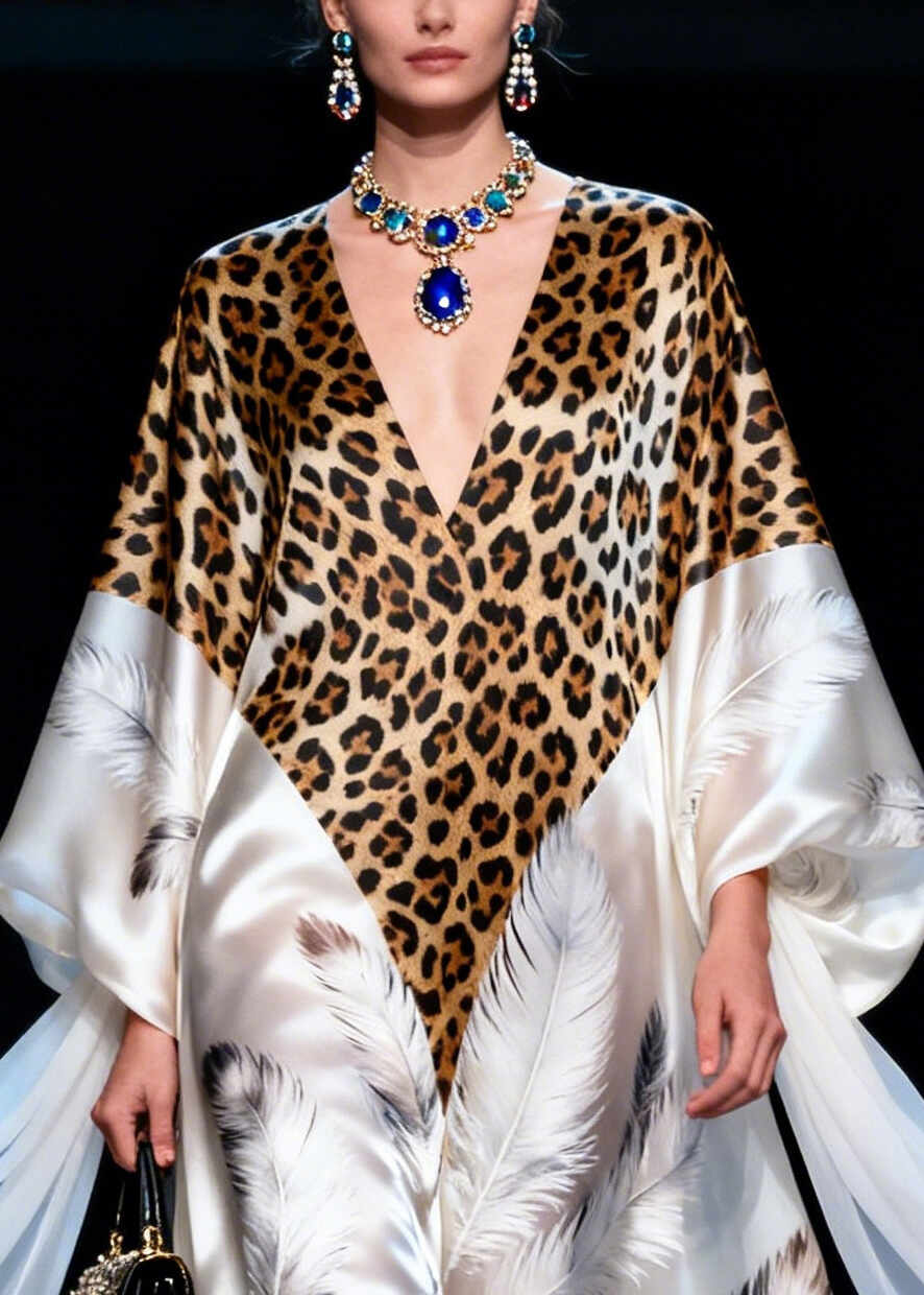 Modern White Leopard Patchwork Exra Large Hem Silk Vacation Dresses Summer