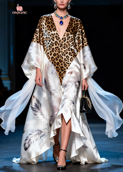Modern White Leopard Patchwork Exra Large Hem Silk Vacation Dresses Summer