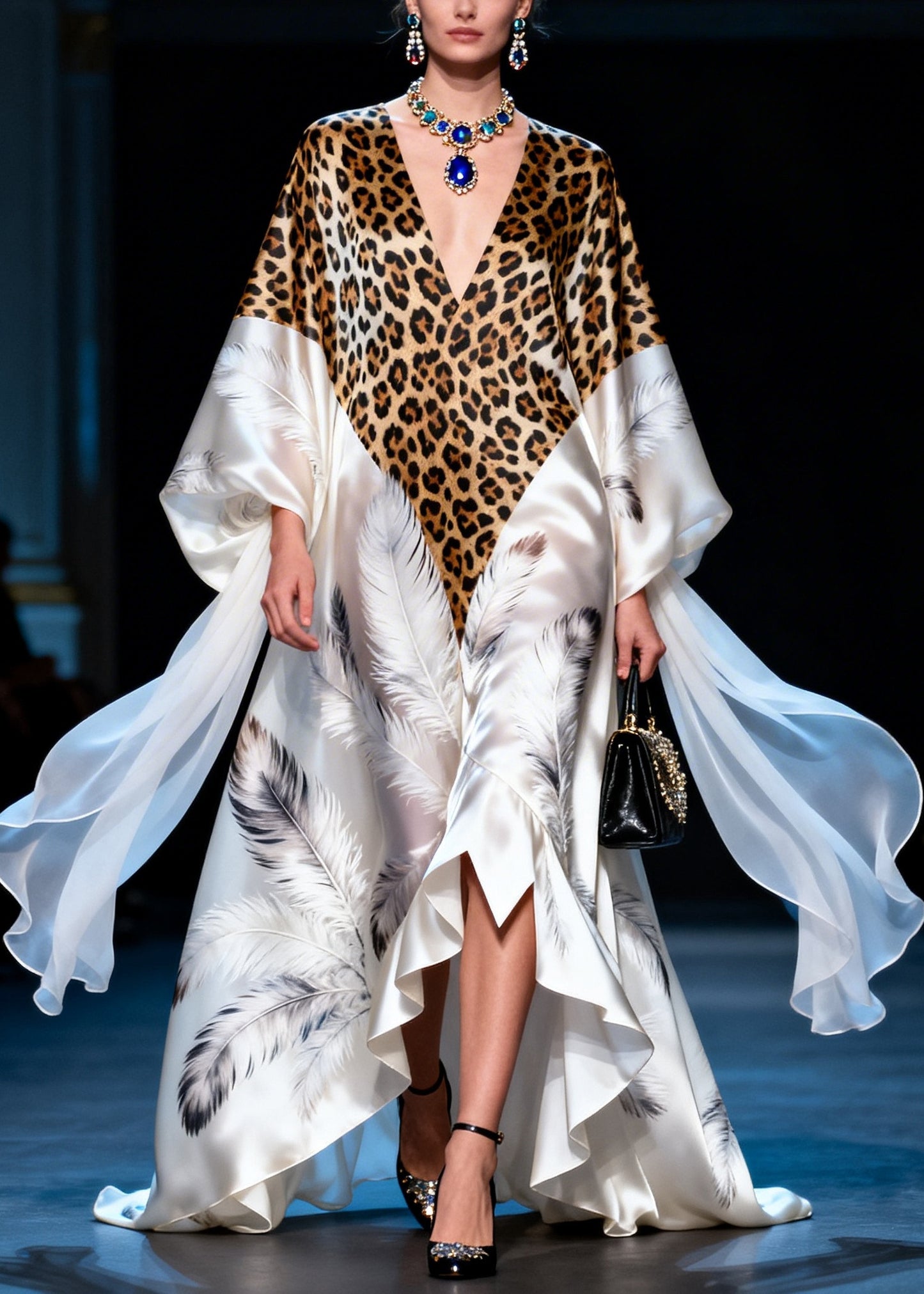 Modern White Leopard Patchwork Exra Large Hem Silk Vacation Dresses Summer