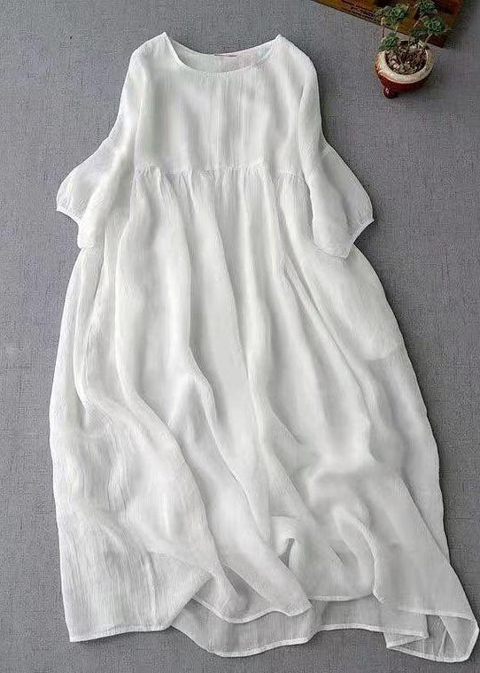 Modern White O-Neck Patchwork cotton blend Long Dresses Half Sleeve