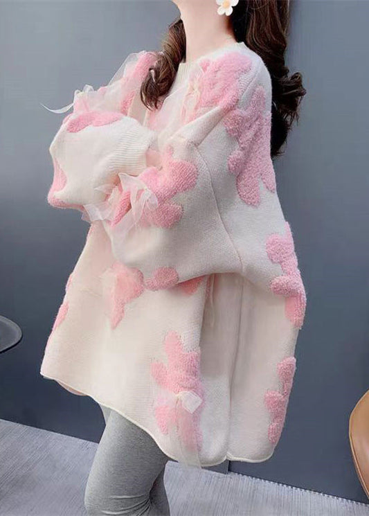 Modern White Oversized Floral Bow Knit Sweaters Winter