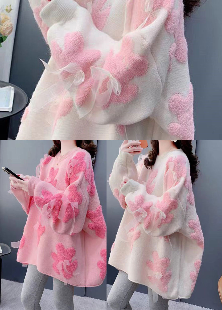 Modern White Oversized Floral Bow Knit Sweaters Winter