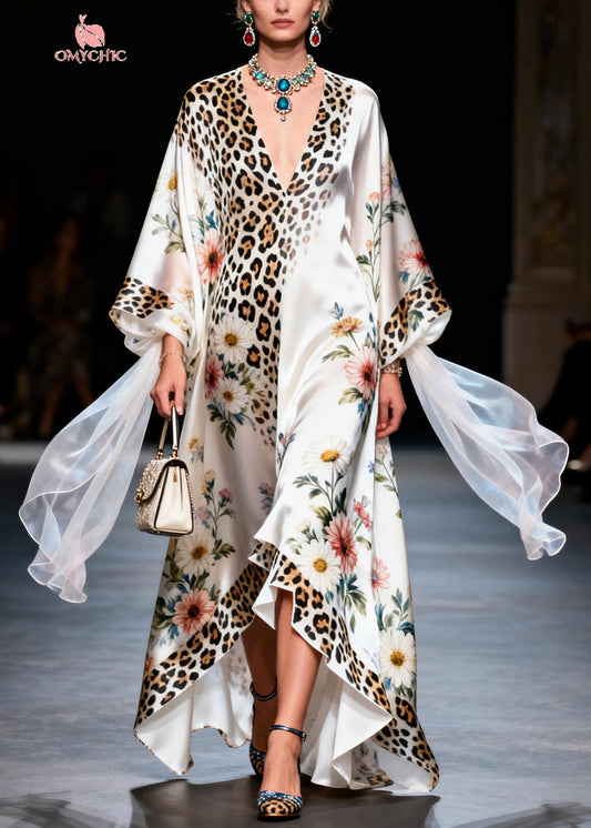 Modern White Oversized Print Draping Silk Maxi Dresses Summer