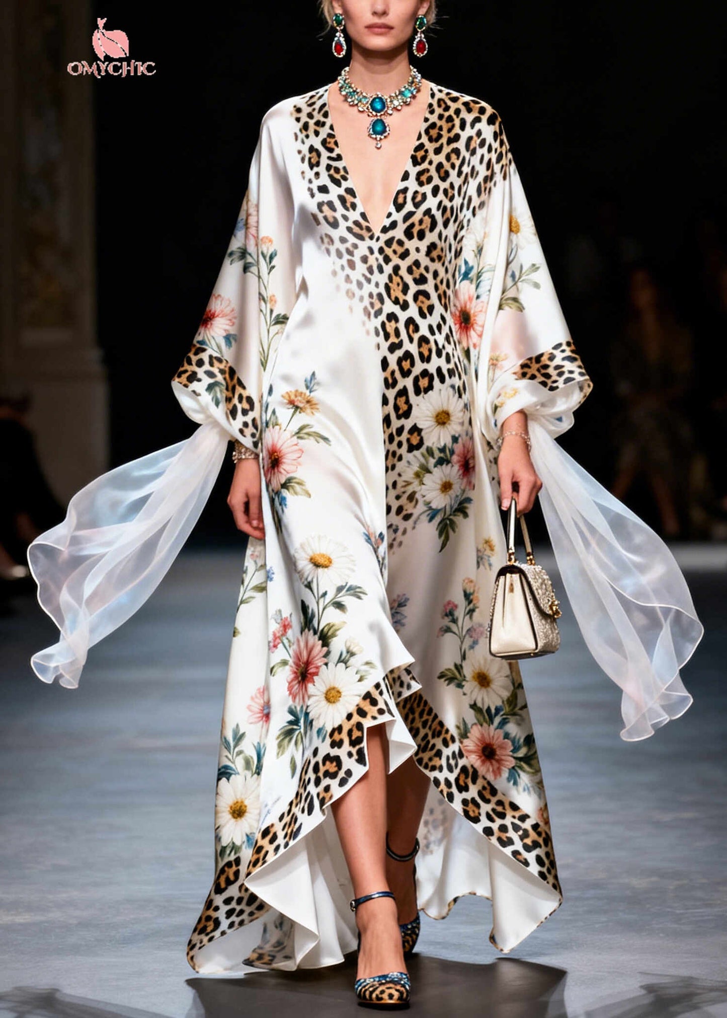 Modern White Oversized Print Draping Silk Maxi Dresses Summer