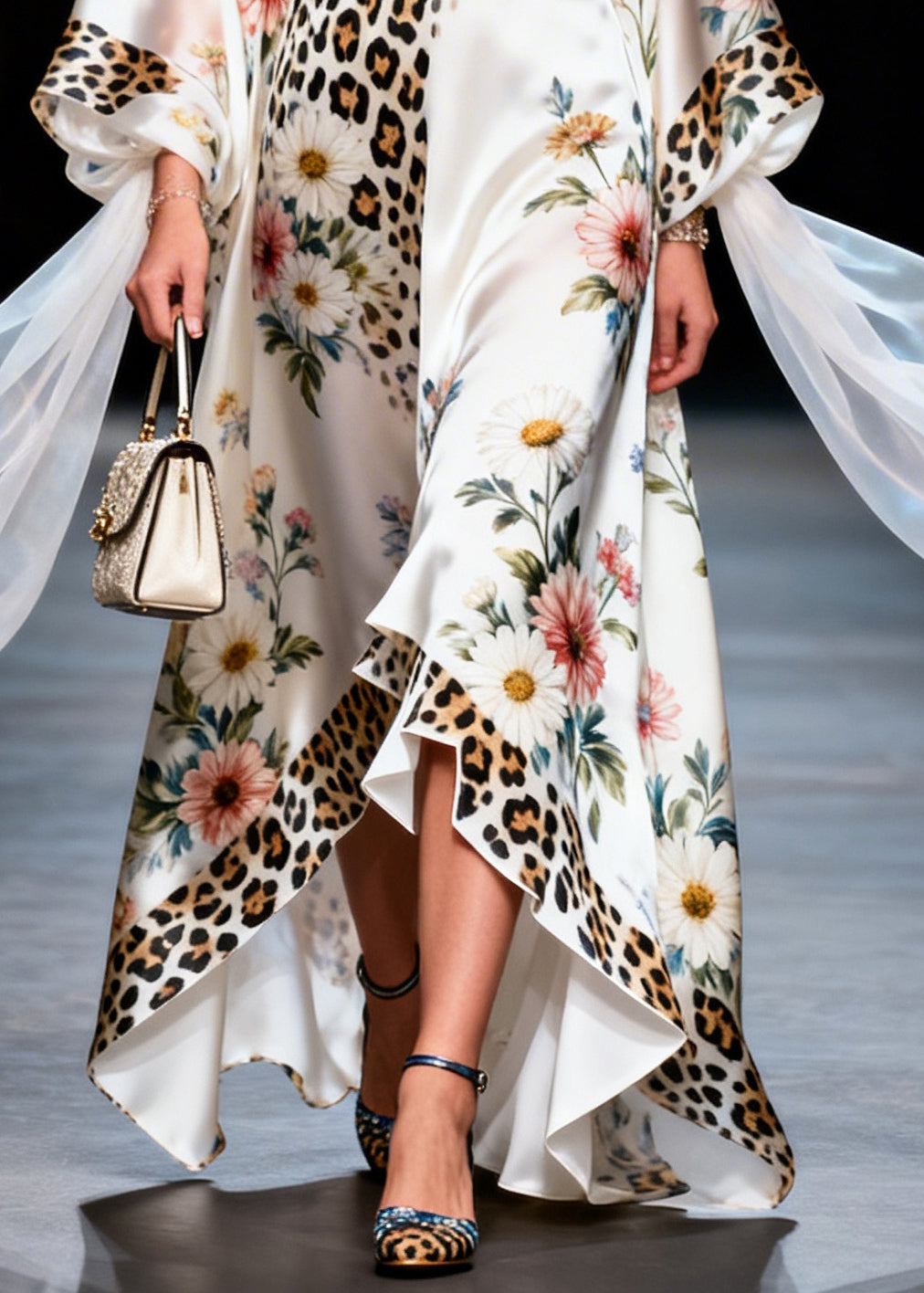 Modern White Oversized Print Draping Silk Maxi Dresses Summer