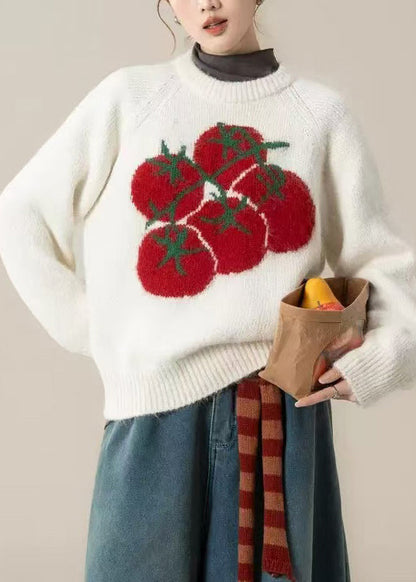 Modern White Oversized Tomato Print Knit Short Sweater Winter