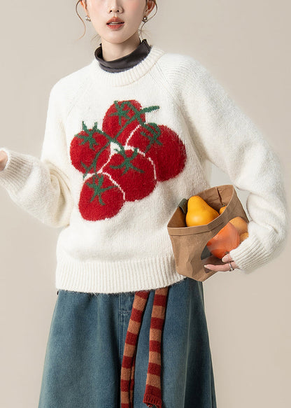 Modern White Oversized Tomato Print Knit Short Sweater Winter