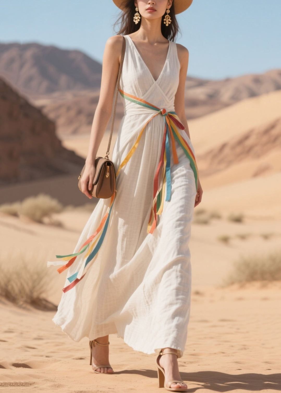 Modern White Patchwork Multicolour Ribbon Cotton Holiday Dress Summer