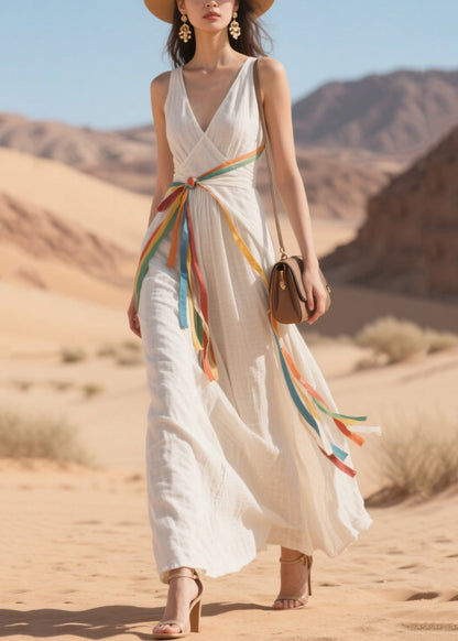 Modern White Patchwork Multicolour Ribbon Cotton Holiday Dress Summer