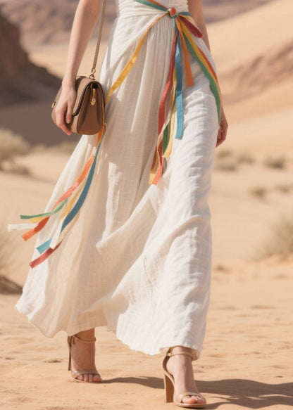 Modern White Patchwork Multicolour Ribbon Cotton Holiday Dress Summer