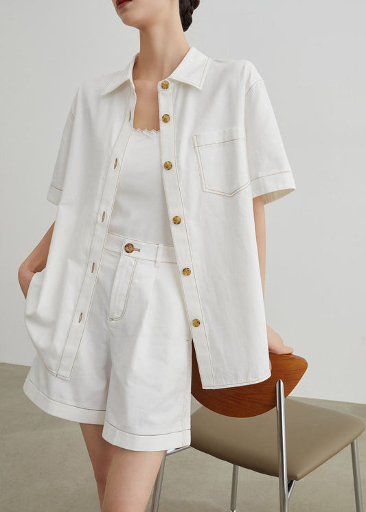 Modern White Peter Pan Collar Denim Two Pieces Set Summer