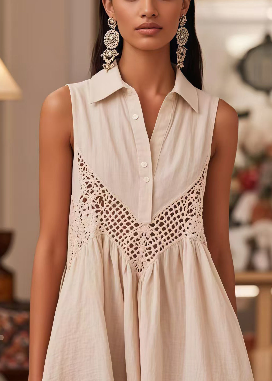 Modern White Peter Pan Collar Patchwork Lace Dresses Sleeveless