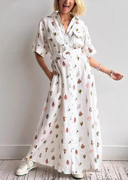Modern White Peter Pan Collar Sashes Linen Maxi Dress Summer