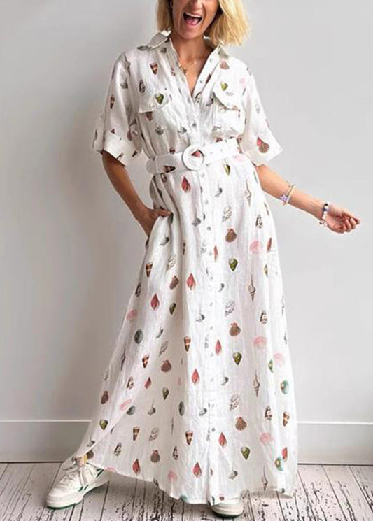 Modern White Peter Pan Collar Sashes Linen Maxi Dress Summer