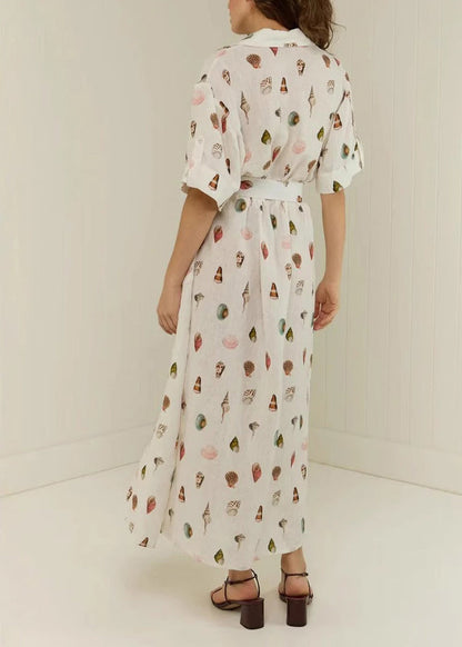 Modern White Peter Pan Collar Sashes Linen Maxi Dress Summer