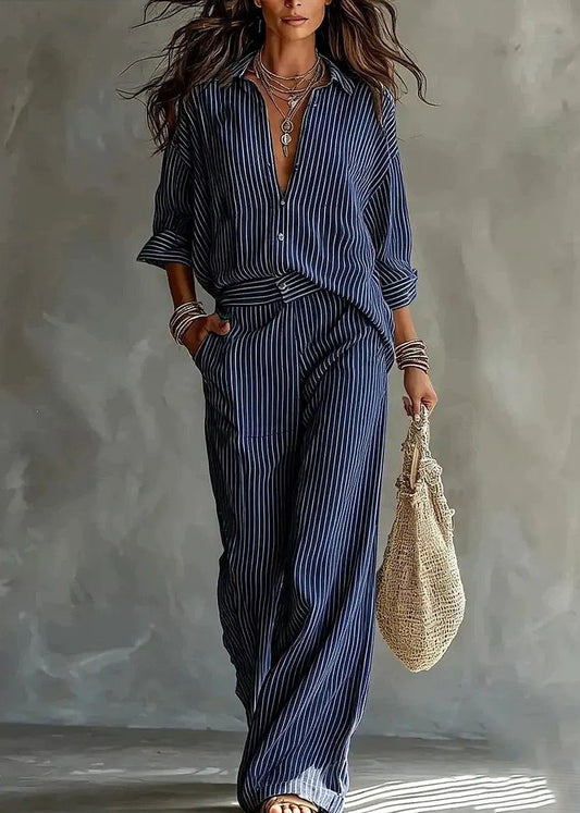 Modern White Peter Pan Collar Striped Shirts And Pants Two Pieces Set Long Sleeve