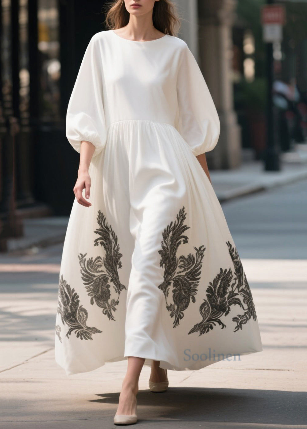 Modern White Print Exra Large Hem Chiffon Dresses Bracelet Sleeve