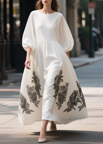 Modern White Print Exra Large Hem Chiffon Dresses Bracelet Sleeve