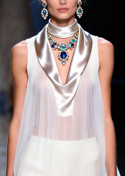 Modern White Sheer Draping Chiffon Mini Dress Sleeveless
