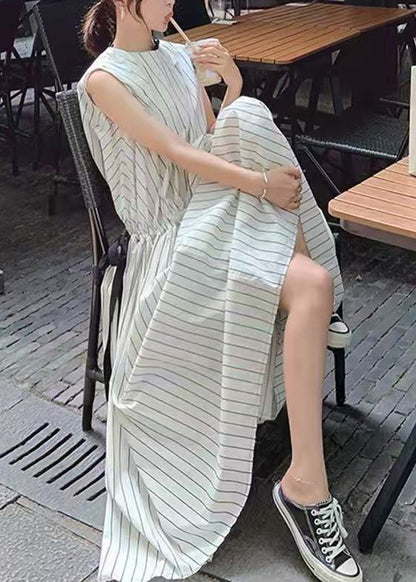 Modern White Striped Lace Up Cotton Maxi Dresses Sleeveless